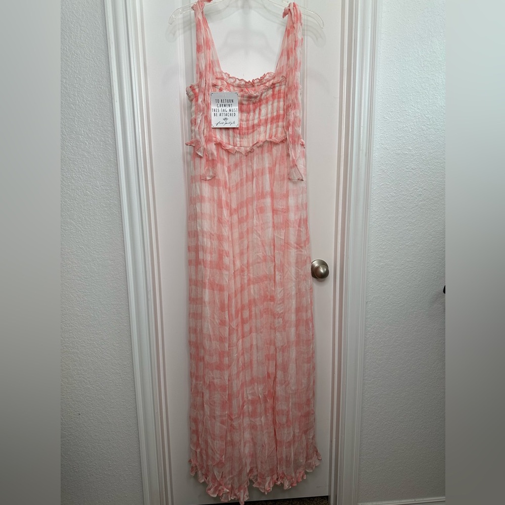 Free People Dorothy Gayle Maxi Dress in pink & white checkered Sz Medium - Picture 2 of 15